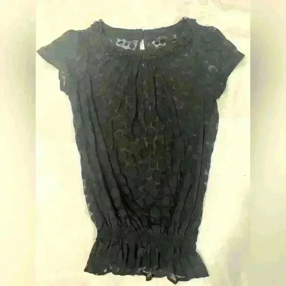 Polka Dot Sheer Ruffle Puff Sleeve Cinched Mesh Whimsigoth office siren y2k